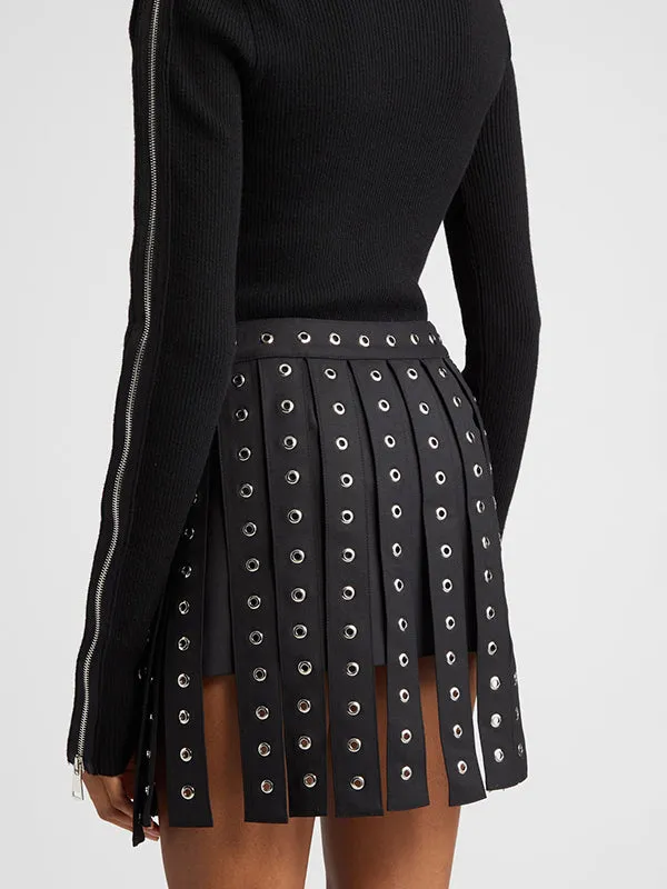 xakxx A-Line High Waisted Belt Buckle Hollow Tasseled Skirts Bottoms
