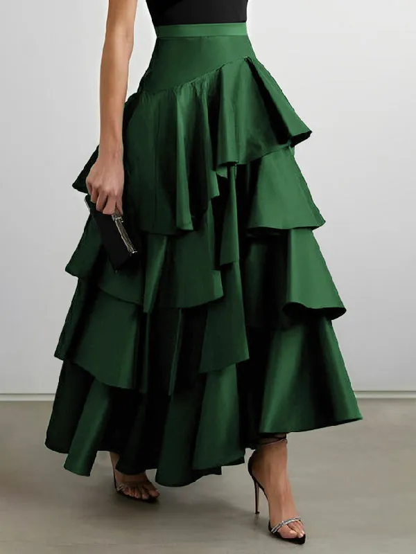 xakxx Stylish Selection A-Line High Waisted Falbala Solid Color Skirts Bottoms