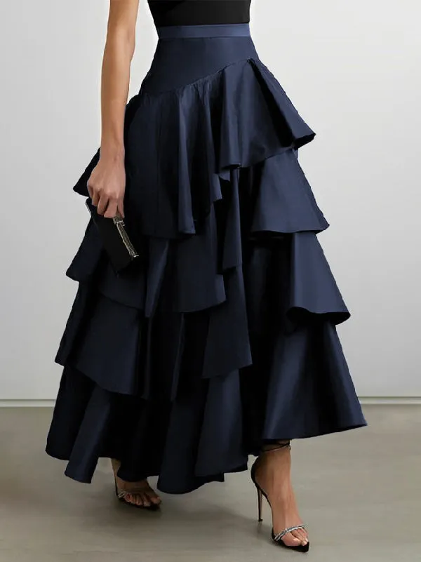 xakxx Stylish Selection A-Line High Waisted Falbala Solid Color Skirts Bottoms