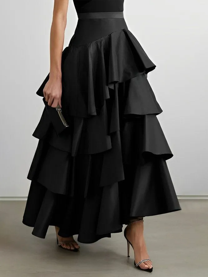 xakxx Stylish Selection A-Line High Waisted Falbala Solid Color Skirts Bottoms