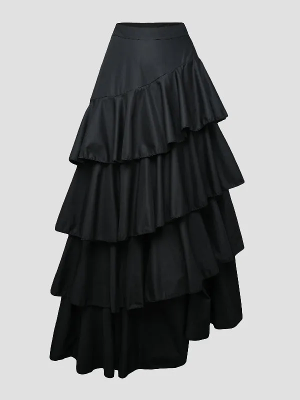 xakxx Stylish Selection A-Line High Waisted Falbala Solid Color Skirts Bottoms