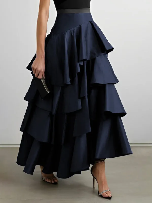 xakxx Stylish Selection A-Line High Waisted Falbala Solid Color Skirts Bottoms
