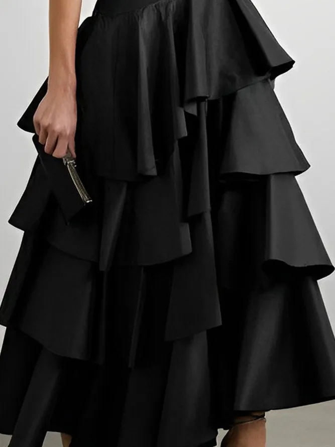 xakxx Stylish Selection A-Line High Waisted Falbala Solid Color Skirts Bottoms