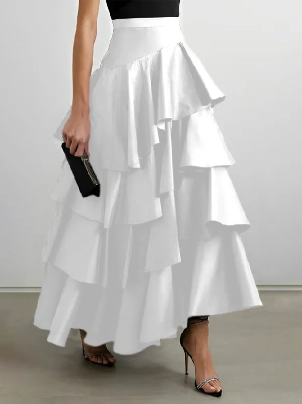 xakxx Stylish Selection A-Line High Waisted Falbala Solid Color Skirts Bottoms