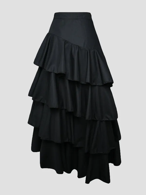 xakxx Stylish Selection A-Line High Waisted Falbala Solid Color Skirts Bottoms
