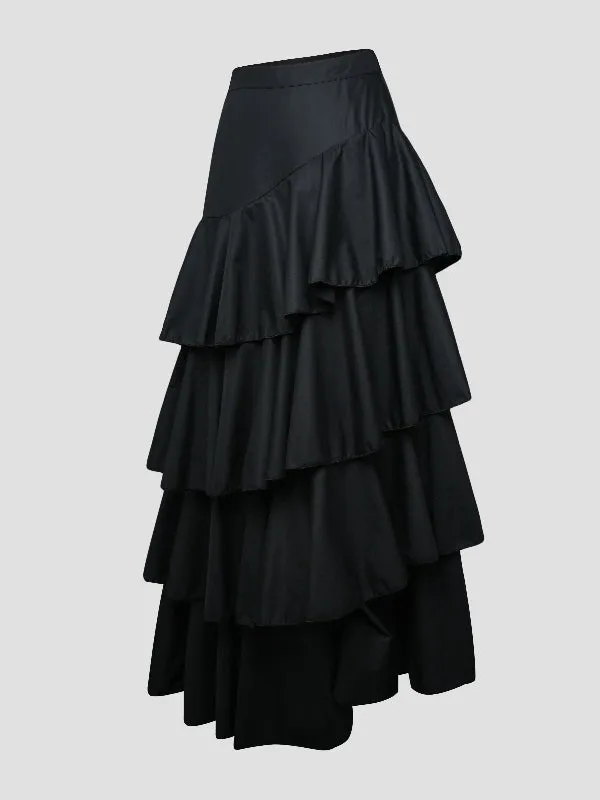 xakxx Stylish Selection A-Line High Waisted Falbala Solid Color Skirts Bottoms