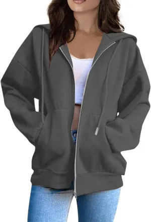 XIAXOGOOL Zipper Hoodie Women,Y2K Zip Up Hoodies For Woman Oversized Casual Basic Long Sleeve Sweatshirt Fall Workout Jackets