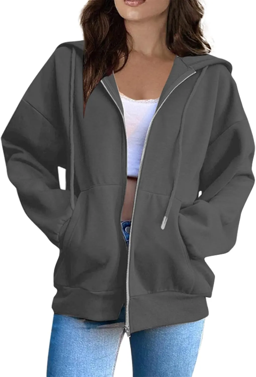XIAXOGOOL Zipper Hoodie Women,Y2K Zip Up Hoodies For Woman Oversized Casual Basic Long Sleeve Sweatshirt Fall Workout Jackets
