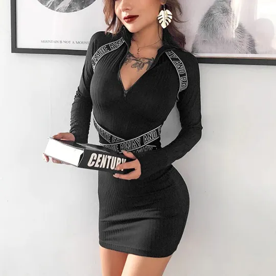 Zipped High Neck Long Sleeves Autumn Fashion Mini Dress