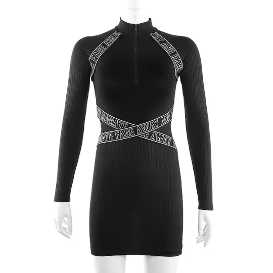 Zipped High Neck Long Sleeves Autumn Fashion Mini Dress