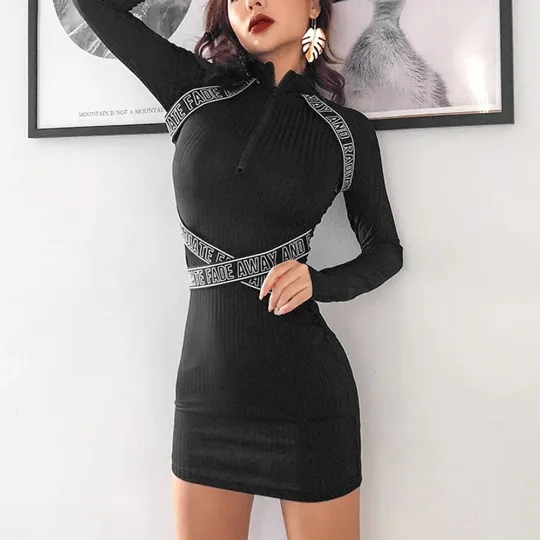 Zipped High Neck Long Sleeves Autumn Fashion Mini Dress