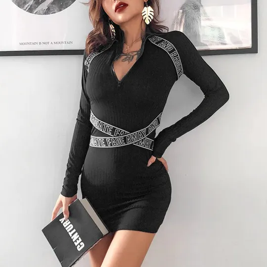 Zipped High Neck Long Sleeves Autumn Fashion Mini Dress